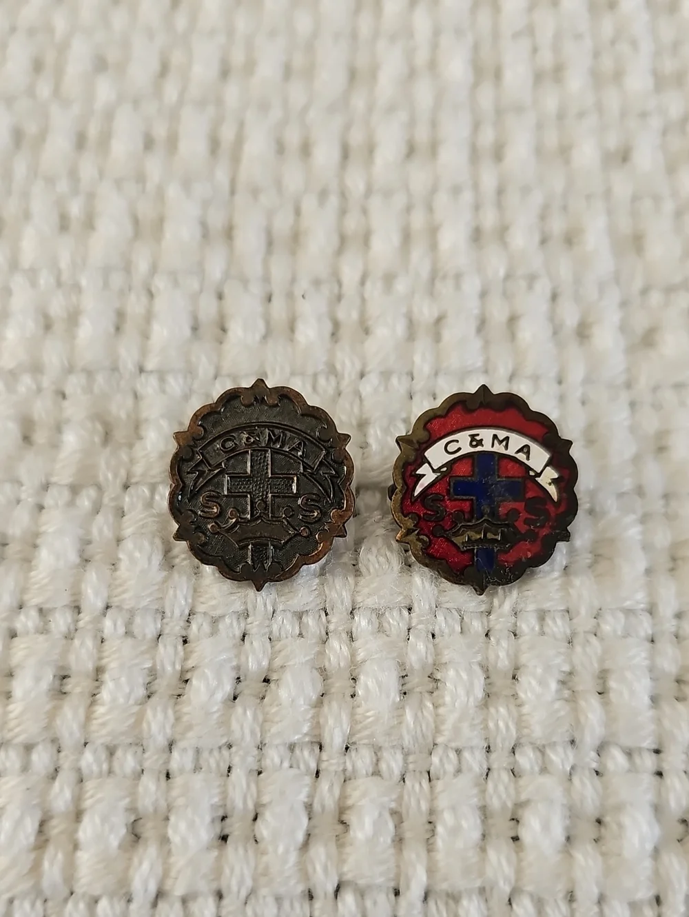 Sunday School Attendance Lapel Pins Red and Bronze Enamel